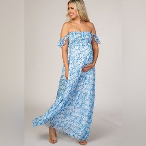 PinkBlush Blue Floral Flutter Sleeve Maternity Maxi Dress, sz S (hemmed petite)